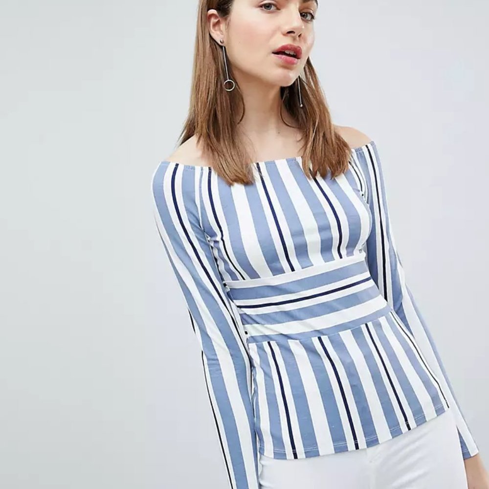 ASOS Ivyrevel Bardot Off Shoulder Blue White Stripe Long Sleeve Top
